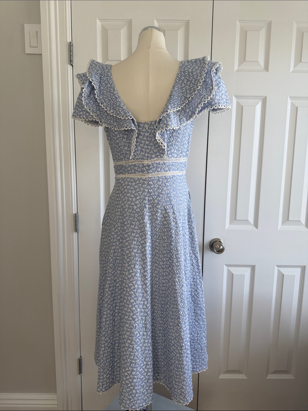 Champagne and Strawberry Fit &Flare Eyelet Ruffle Light Blue Midi Dress Size M - Picture 9 of 13